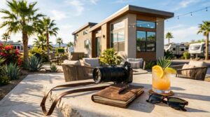 Camera, travel journal, and tropical drink on an outdoor patio table beside a modern park model home in a sunny RV resort.