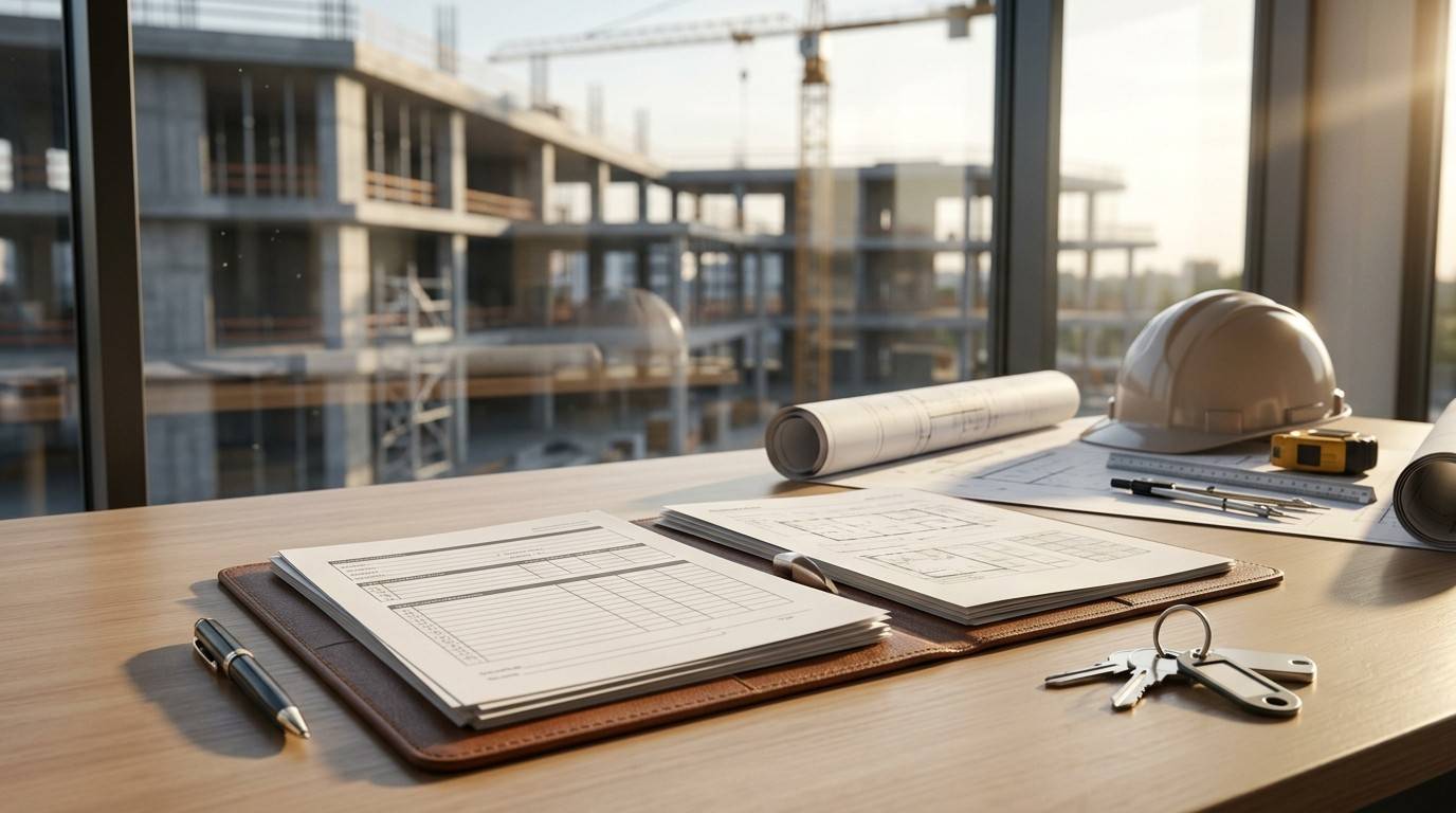 Construction insurance and project documents on a desk overlooking an active building site.