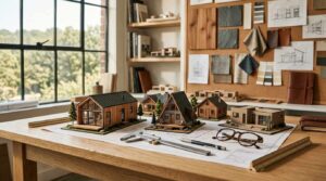 Construction tools and building plans inside a park model home during delivery and installation.