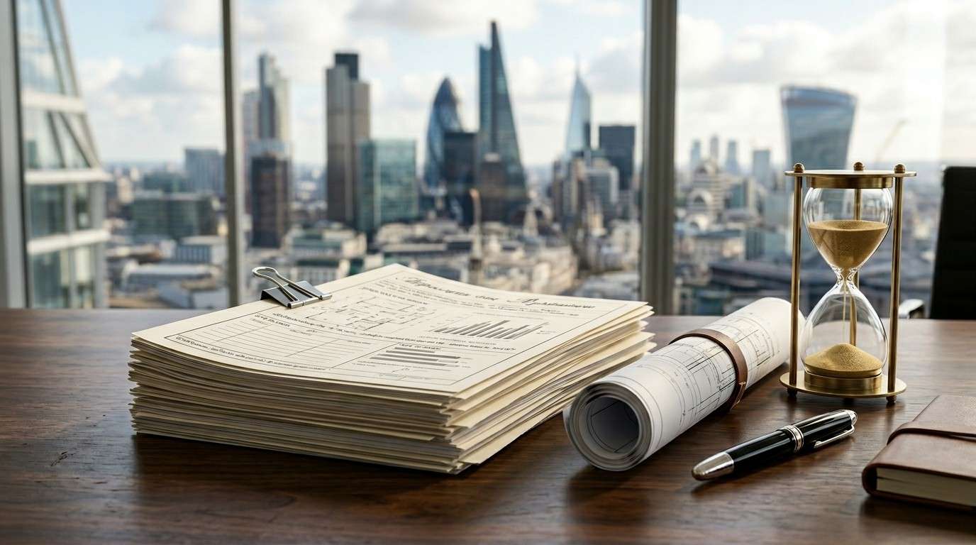 Stack of permit documents, rolled blueprints, and an hourglass on a desk overlooking a city skyline, symbolizing project planning and approval timelines.