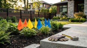 Property easement markers and landscaping boundary flags in a residential yard.