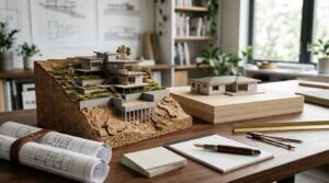 Architectural scale models comparing hillside and flat-lot home designs on a planning desk.