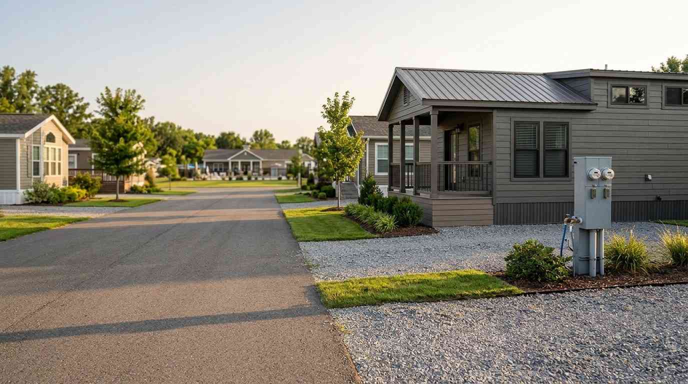 Park model home in a planned community with paved streets, landscaped lots, and neighboring homes.