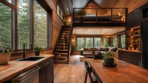 Spacious modern cabin interior with loft bedroom, open staircase, black cabinetry, and large windows overlooking a forest landscape.