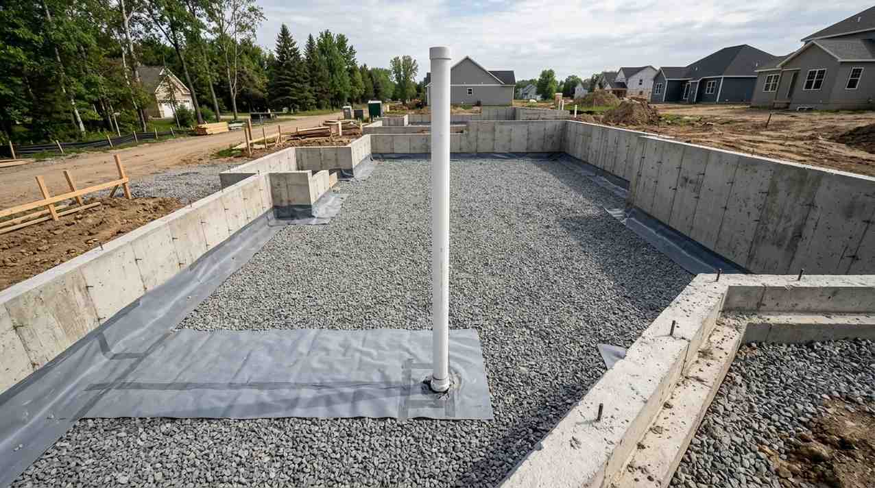 Residential basement foundation prepared with gravel base, vapor barrier, and plumbing rough-in before concrete slab installation