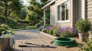 Garden maintenance tools and a hose beside a well-kept park model home with landscaped flower beds.