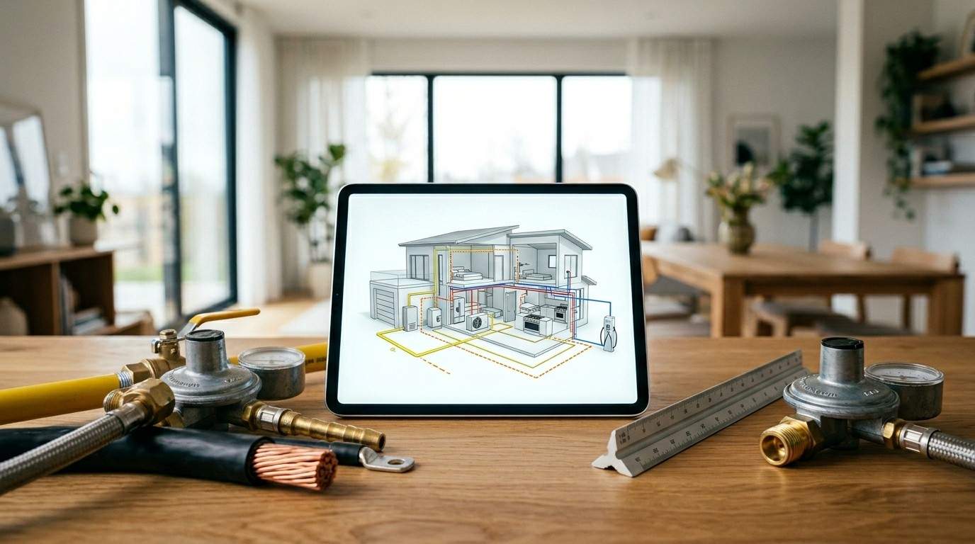Home energy system planning diagram displayed on a tablet with utility components, gas regulators, electrical cable, and measuring tools on a workbench.