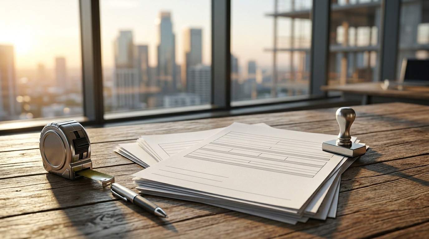 Construction insurance and project documents on a desk overlooking an active building site.