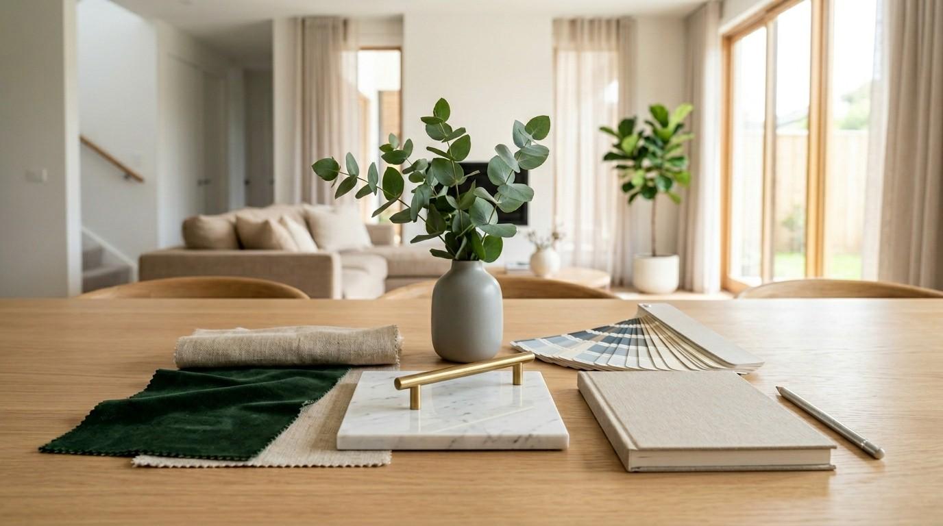 Interior design mood board with fabric swatches, color samples, and material finishes arranged on a table in a bright modern living room.