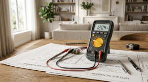 Electrical testing meter and residential wiring plans on a home design table.