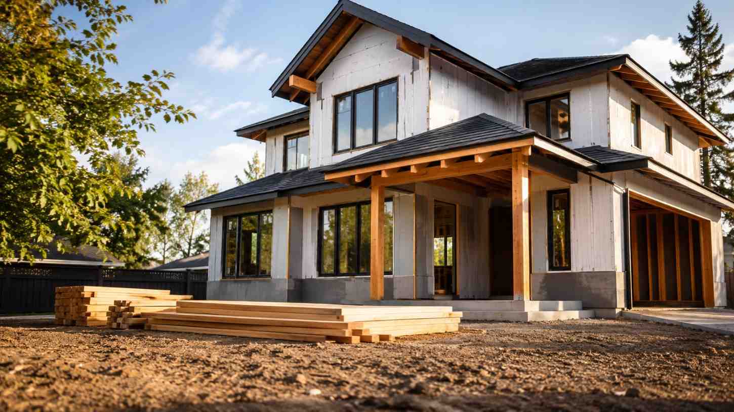 Partially constructed two-story home with exposed framing and stacked lumber on the building site.