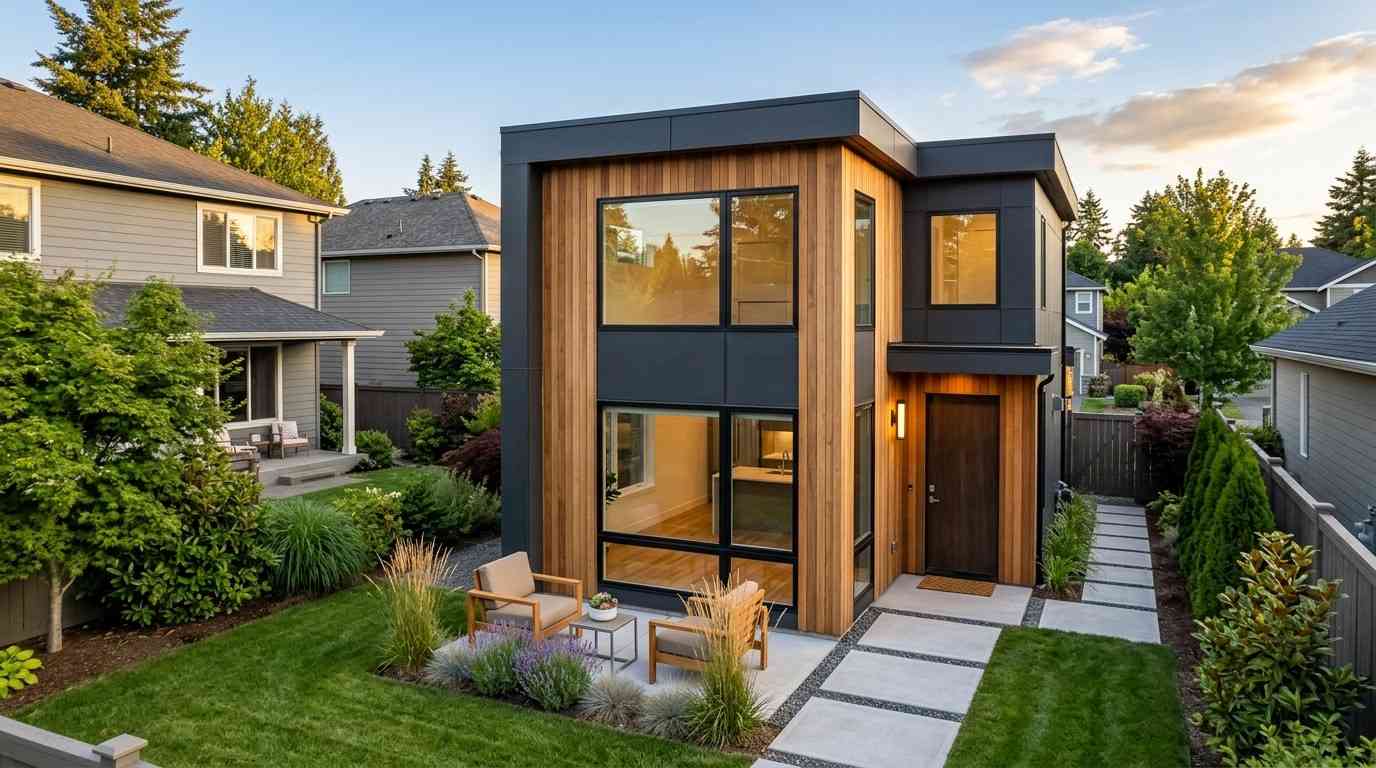 Two-story modern backyard ADU with wood siding, large windows, landscaped yard, and private patio seating area.