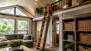 Cozy park model loft interior featuring a wooden ladder to a sleeping loft, vaulted wood ceiling, large windows, built-in storage shelves with woven baskets, and a comfortable living area filled with natural light.