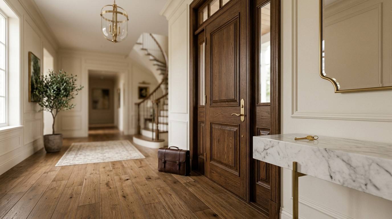 A hallway featuring a wooden door and a marble table, creating an elegant and inviting atmosphere