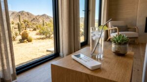 Air conditioning remote, glass of water, and potted succulent on a table inside a modern park model home with a desert landscape visible through large windows.
