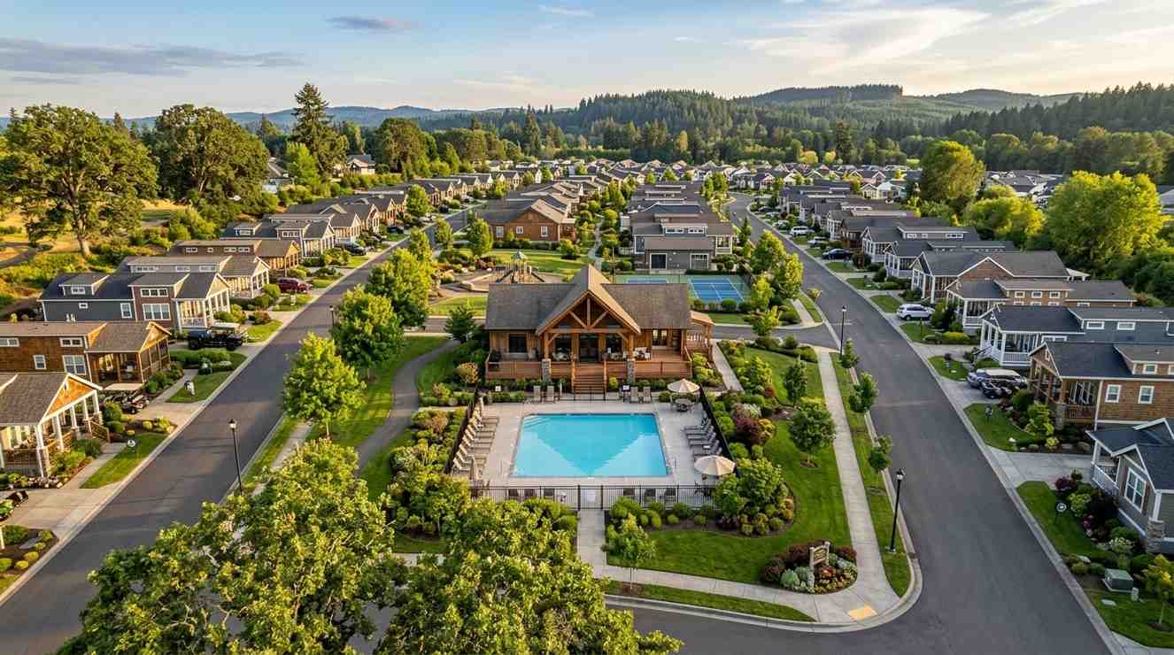 Aerial view of a park model home community with clubhouse, pool, landscaped streets, and residential amenities.