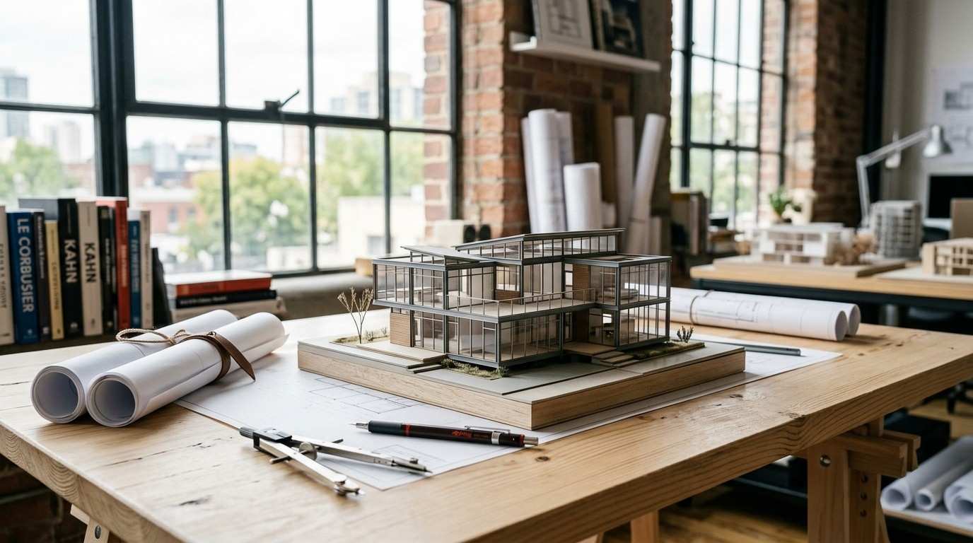 Modern architectural model displayed on a drafting table with blueprints and design tools in a contemporary architect’s studio.