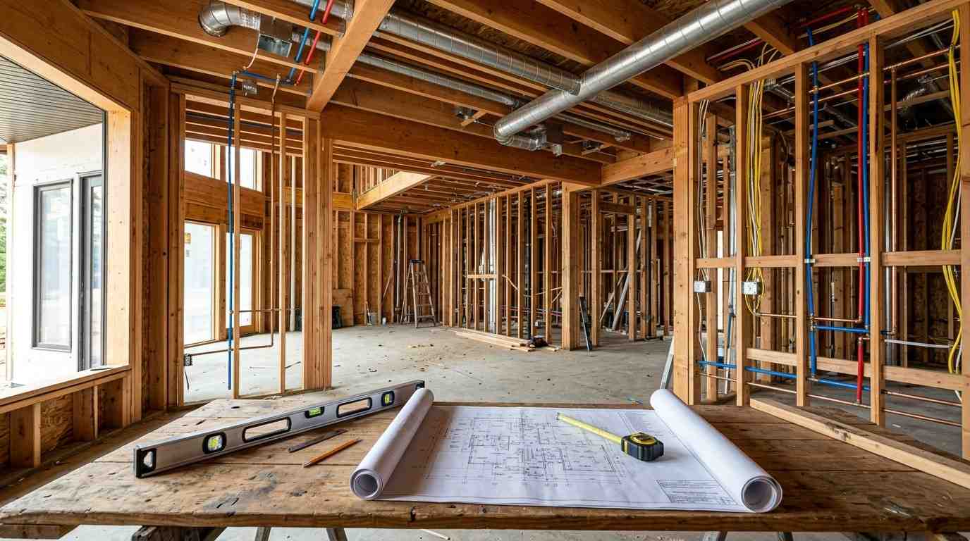 MEP rough-in construction with exposed framing, HVAC ductwork, plumbing lines, electrical wiring, and building plans on a workbench.
