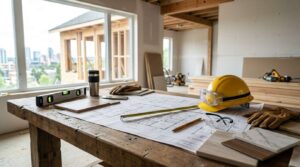 Construction plans, safety gear, and tools on a workbench inside a home under renovation.