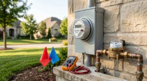 Utility meters and service connection markers during residential property inspection.