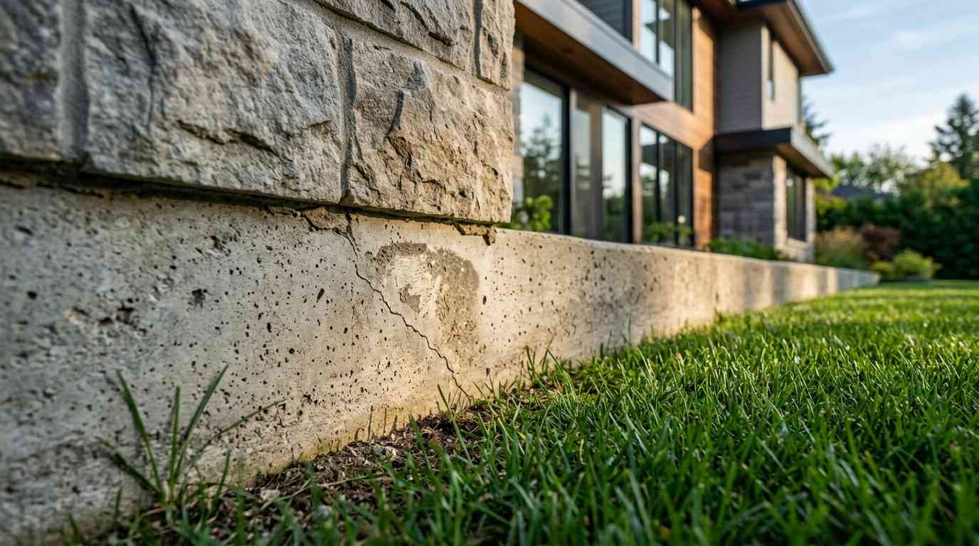 A concrete wall stands tall, with a patch of green grass growing in front, creating a contrast between hard and soft textures.