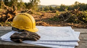Construction helmet, work gloves, and site plans on a cleared land development site.