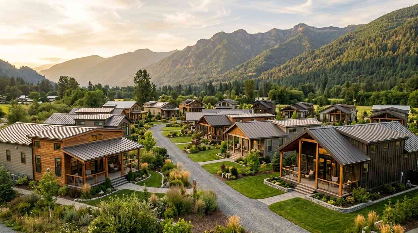 Mountain-view community of modern park model homes with landscaped grounds and scenic natural surroundings.
