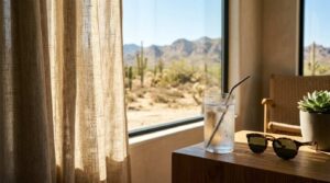 Modern park model home interior with desert views, a refreshing drink, sunglasses, and natural sunlight by a large window.