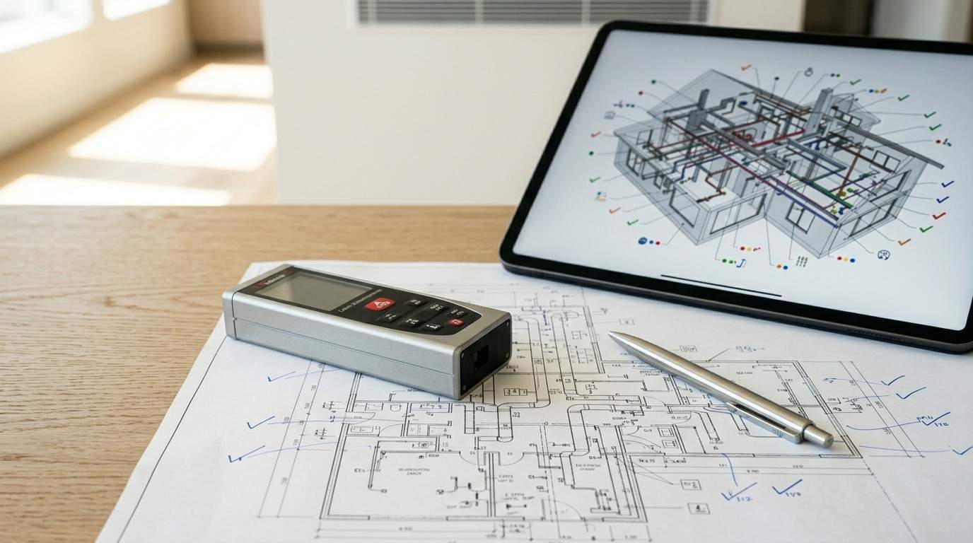 MEP inspection checklist with building plans, laser measuring tool, and digital coordination model displayed on a tablet.
