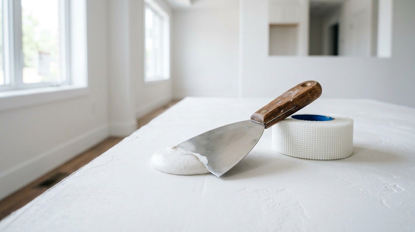 Drywall finishing tools, including a taping knife, joint compound, and mesh tape, on a freshly installed drywall surface inside a bright unfinished room.