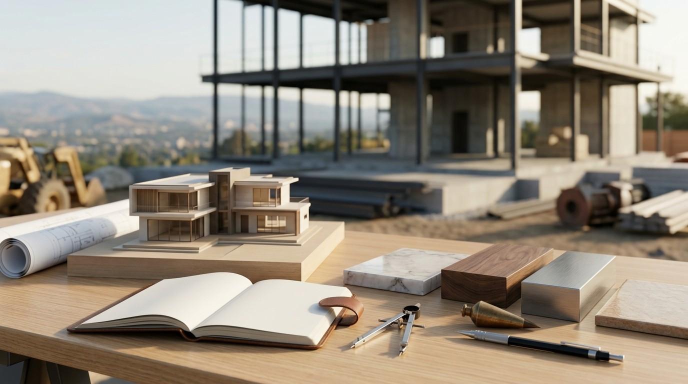Architectural model, blueprints, and material samples displayed at a residential construction site.