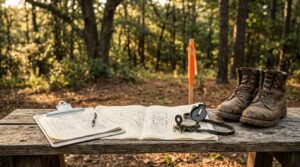 Land clearing site plan with surveying tools, work boots, and marked property boundary.