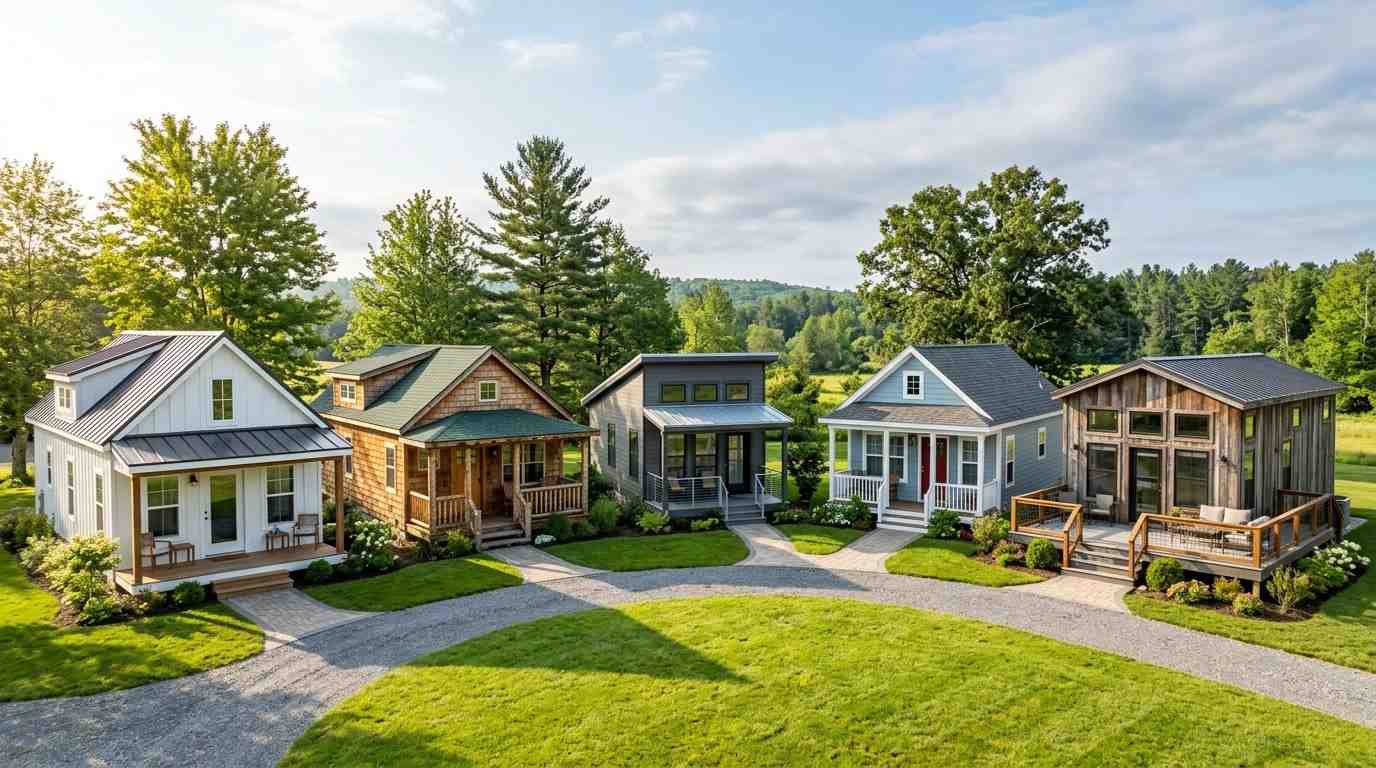 Collection of four park model homes showcasing different architectural styles in a landscaped community setting.