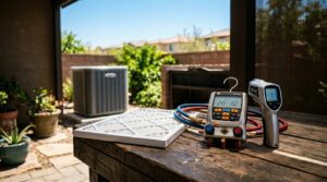 HVAC maintenance tools, air filter, and diagnostic equipment on a workbench beside an outdoor air conditioning unit.