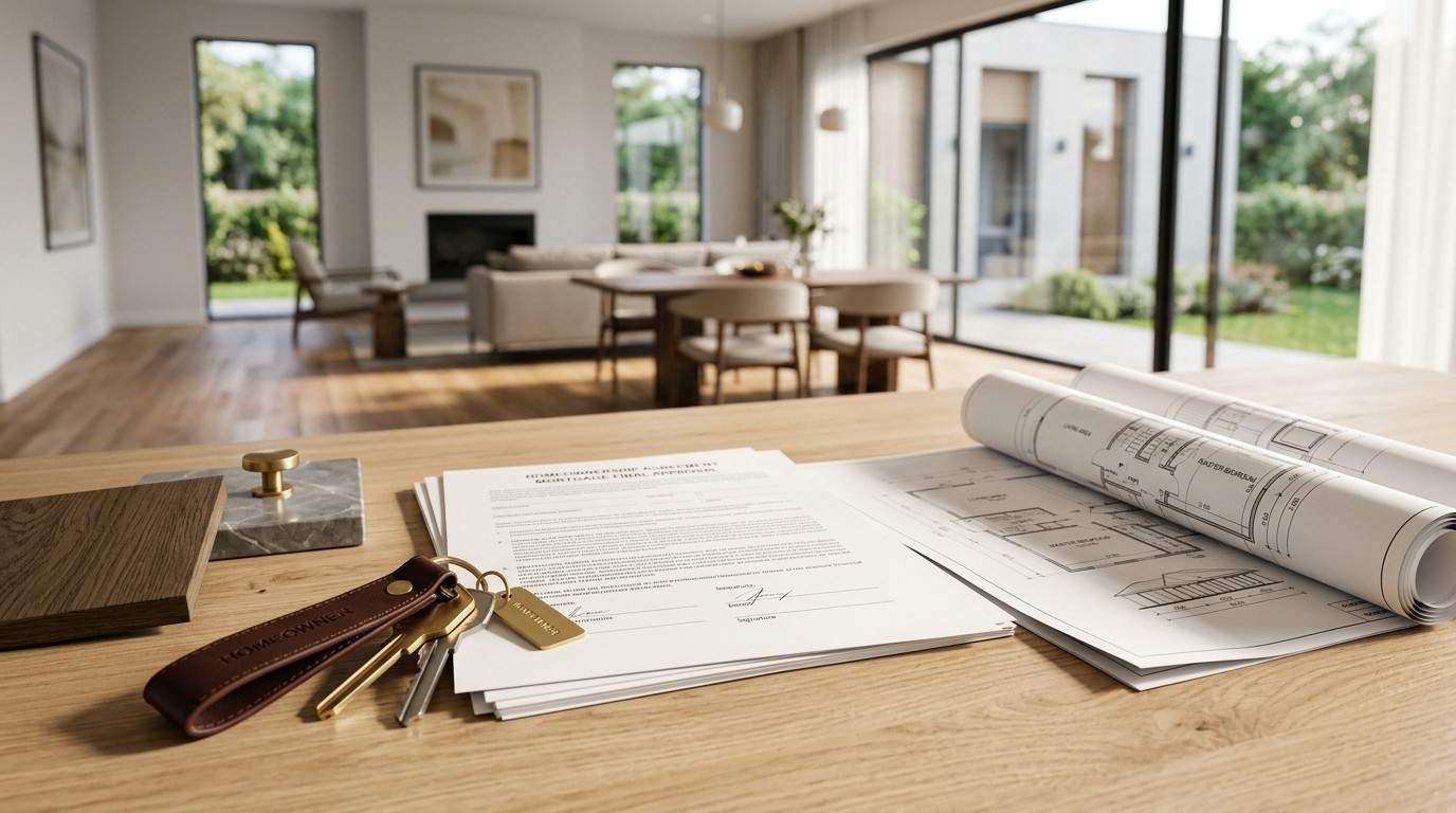 House keys, signed construction documents, and architectural blueprints displayed on a table inside a newly completed modern home renovation.