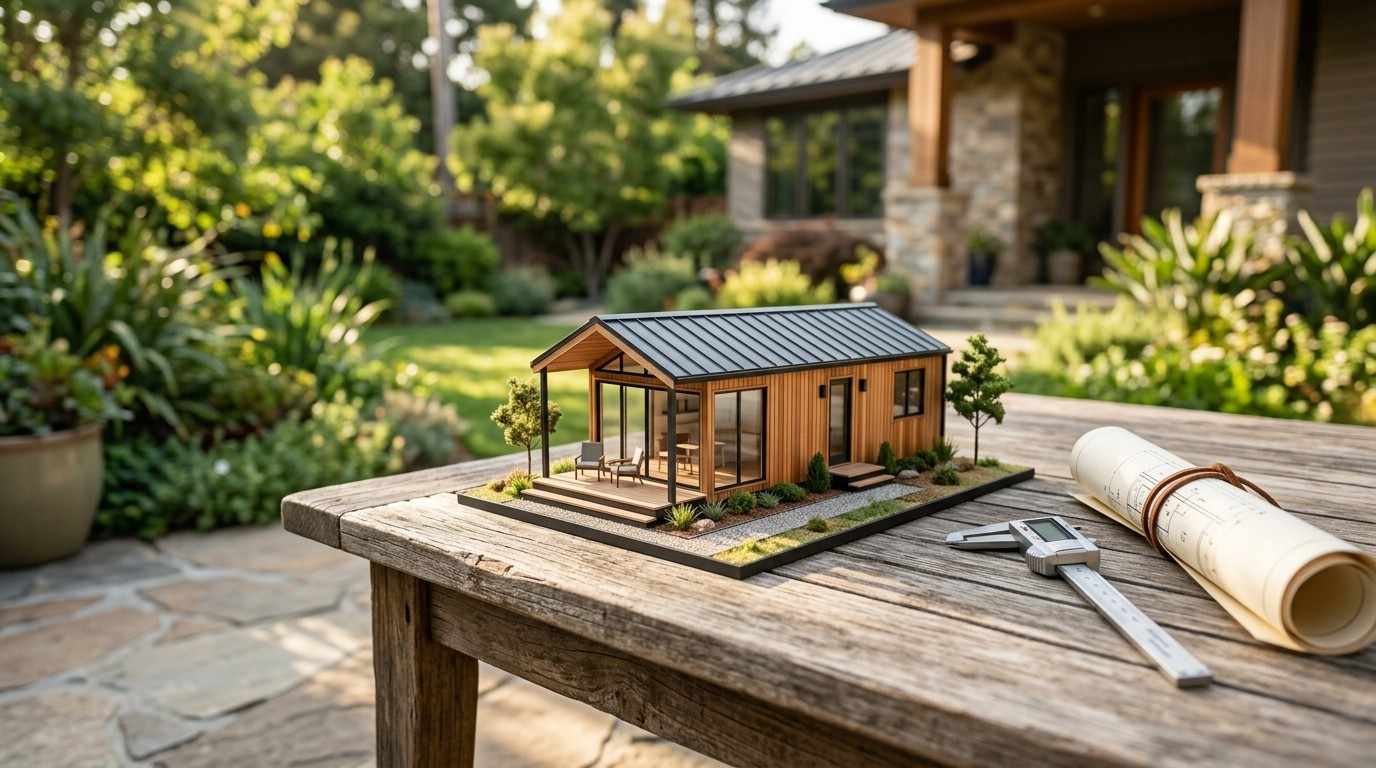 Small modern house model on a wooden outdoor table beside rolled blueprints and measuring tools in a landscaped backyard.