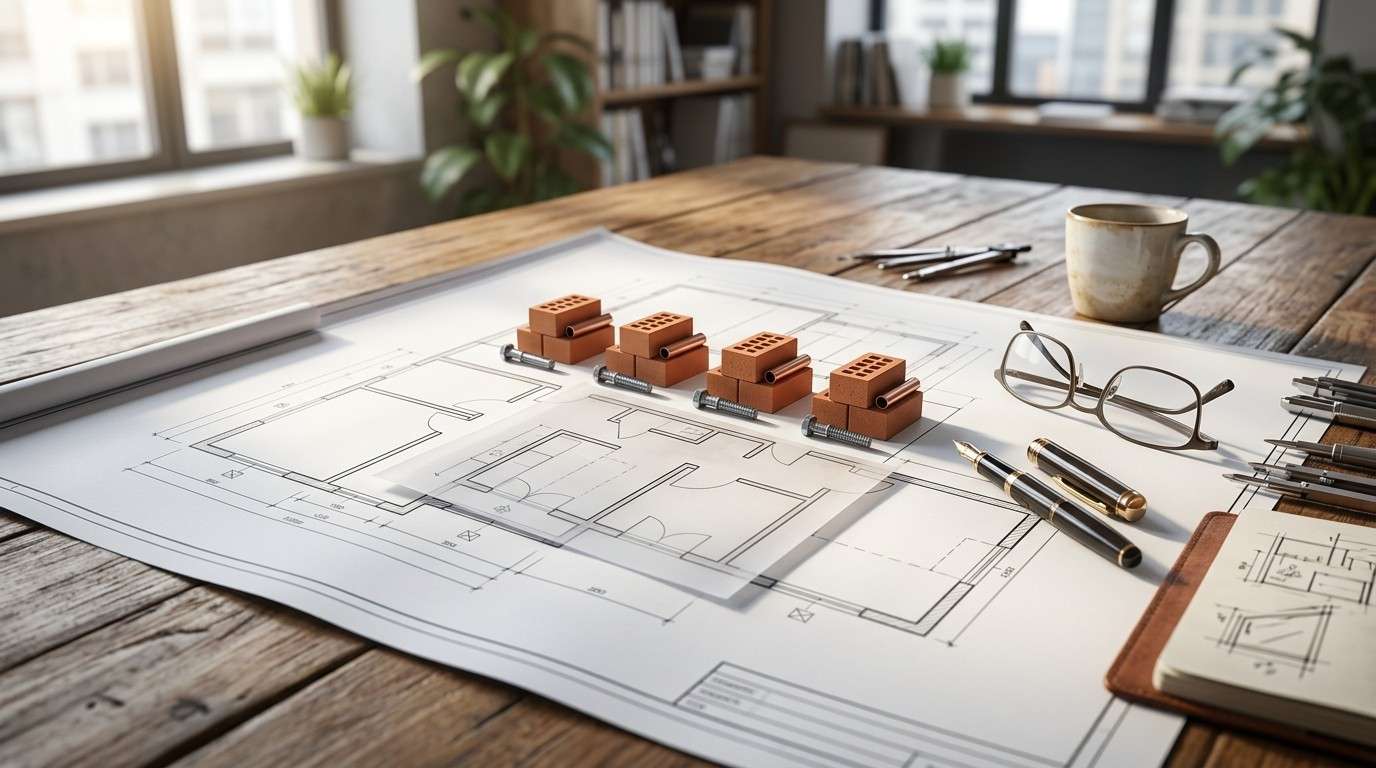 Construction plans with miniature brick stacks, drafting tools, and project documents on a planning table.