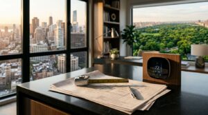 Smart thermostat and home plans on desk overlooking city skyline and park.