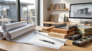 Park model home construction materials, blueprints, and design tools on an architect’s workspace.