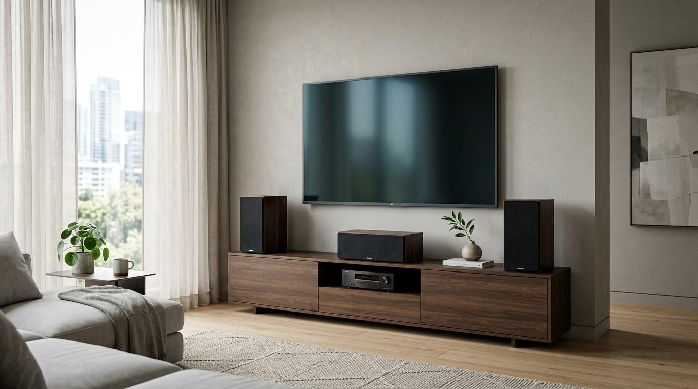A modern living room with a sleek TV mounted above a wooden console. Speakers flank the TV, plants add greenery, and large windows show a cityscape.