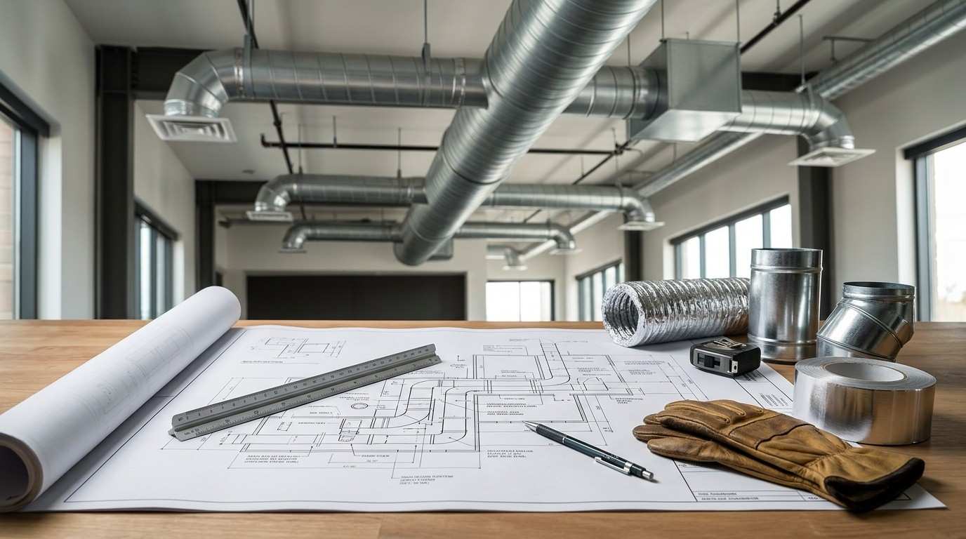 HVAC ductwork design plans with ventilation components and tools in a commercial interior space.