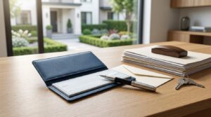 Checkbook, pen, house keys, and real estate documents arranged on a desk with a residential property visible in the background, representing HOA fees, compliance costs, and ongoing homeownership expenses.