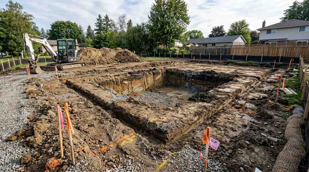 Excavation site with foundation trenches and an excavator preparing a residential construction project.