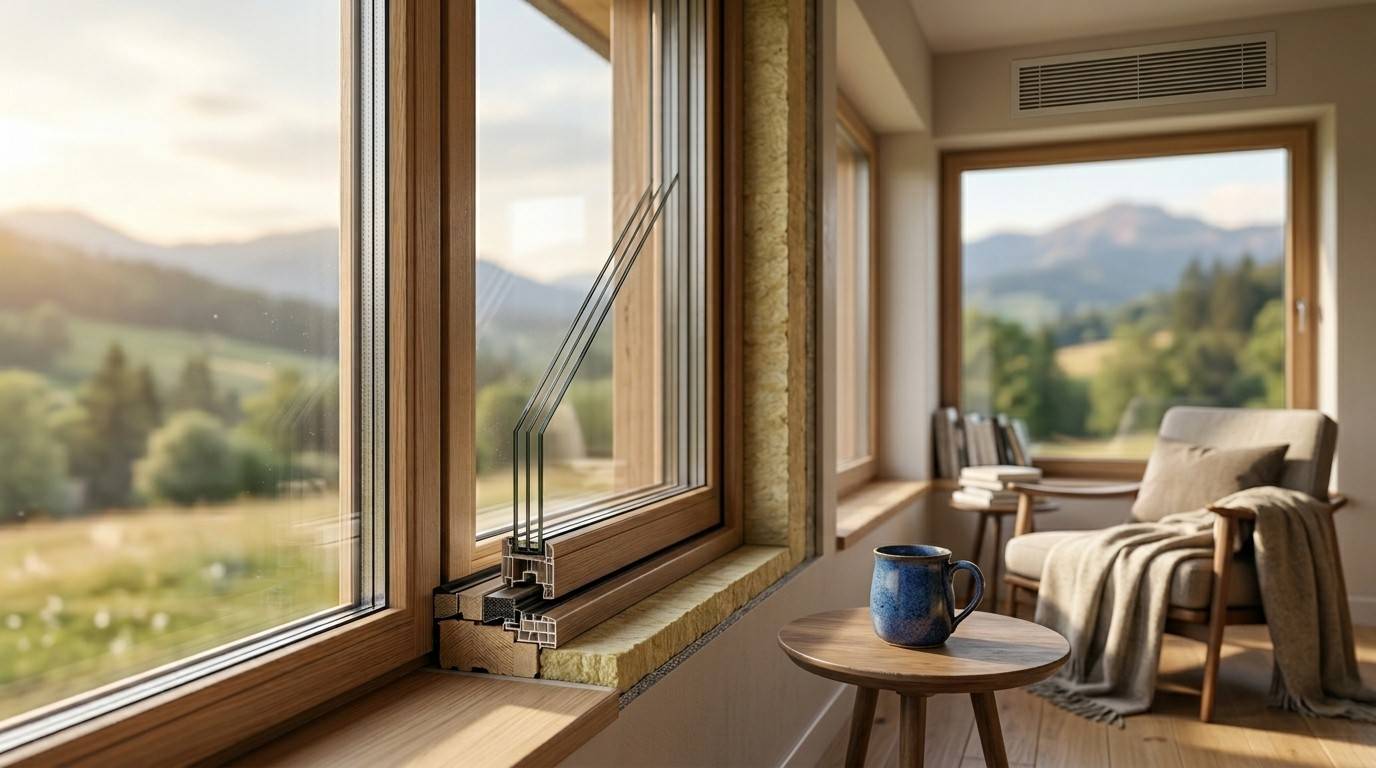 Passive House window system with high-performance insulation and scenic outdoor view.
