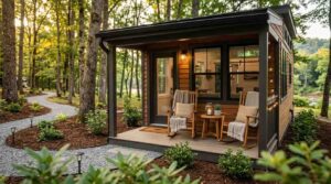 Cozy park model guest house with a covered porch, rocking chairs, and landscaped woodland surroundings.