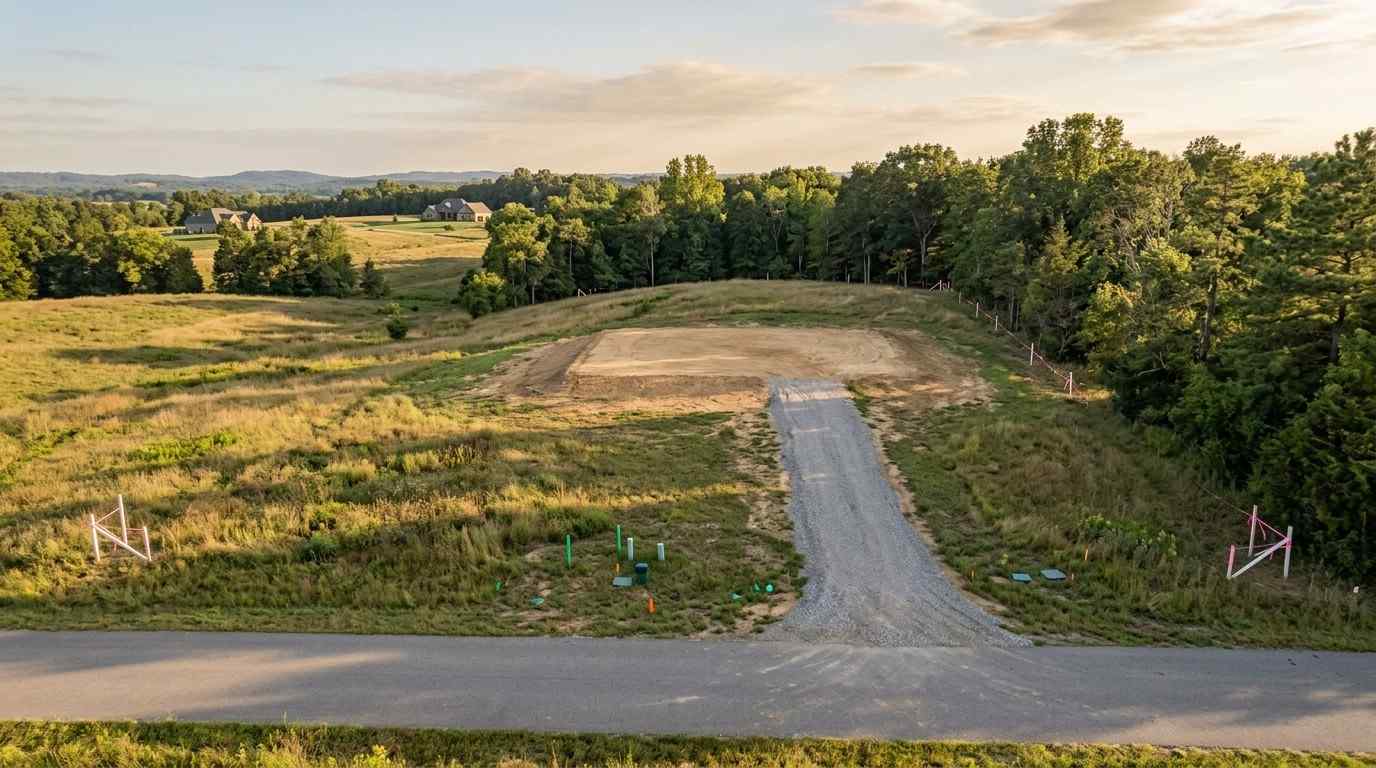 Aerial view of a vacant residential building lot with a newly graded homesite, gravel driveway access, visible utility markers, and survey boundary stakes, surrounded by open fields and mature trees.