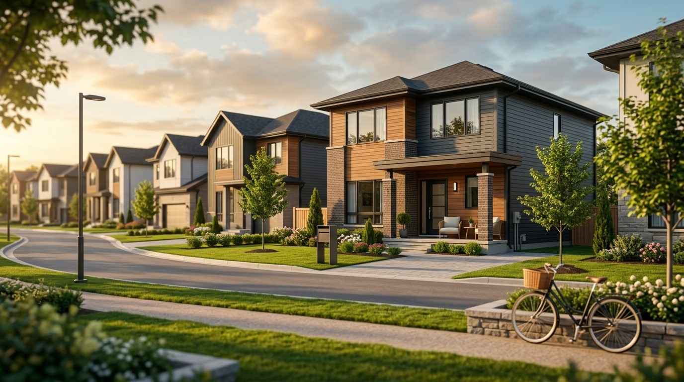 Modern suburban neighborhood with newly built detached homes, landscaped yards, and a quiet street at sunset.