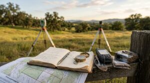 Land surveying equipment, maps, and field notes on a rural property site.