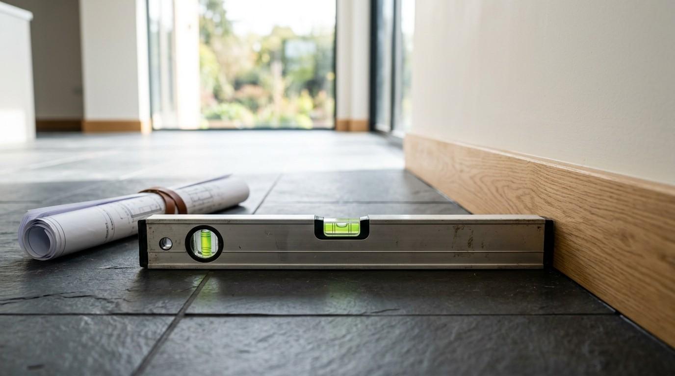 Spirit level placed on a tiled floor beside rolled construction plans, highlighting floor leveling and precision during interior finishing work.