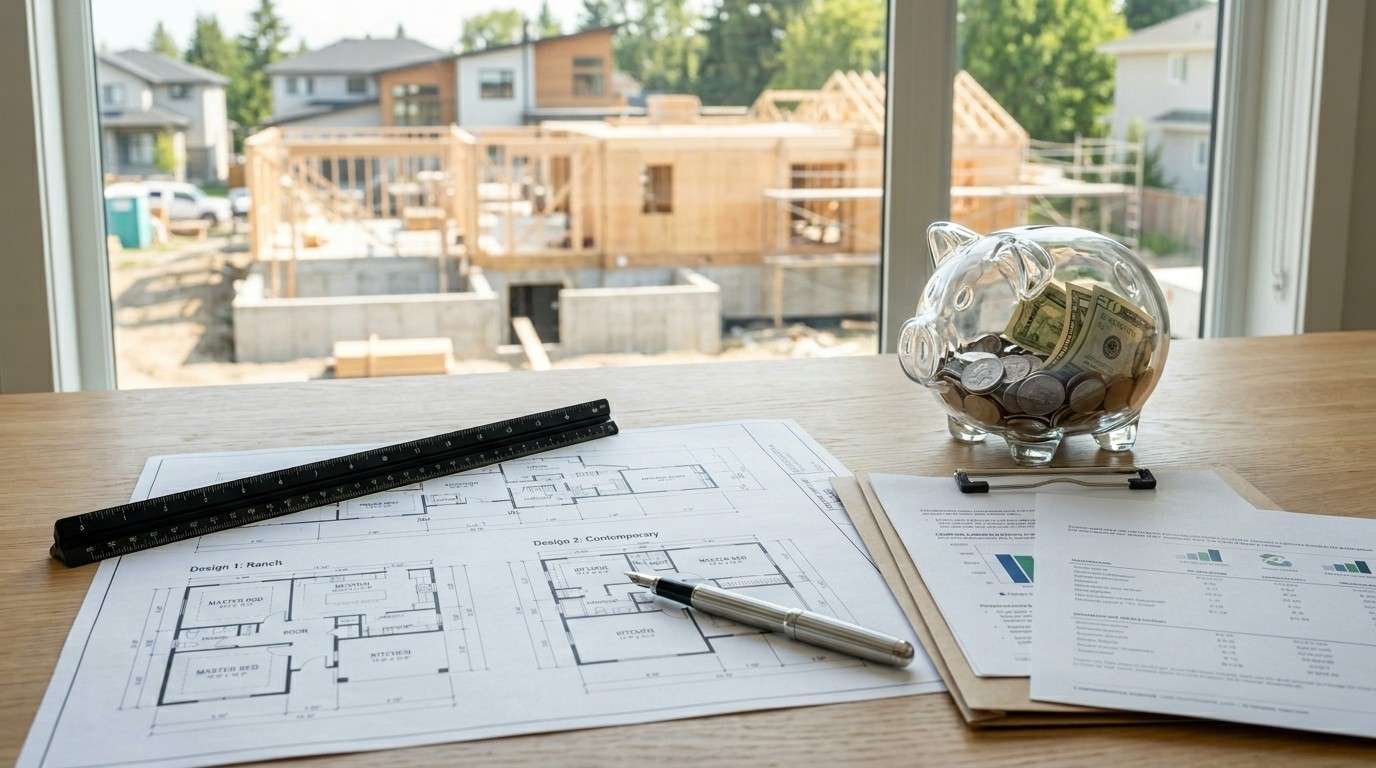Home construction financing comparison with architectural floor plans, budget reports, and a savings piggy bank overlooking a residential building project.